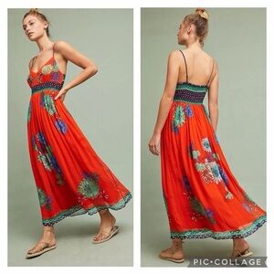 Anthropologie Maeve ikibana Vibrant Red Floral Maxi Dress